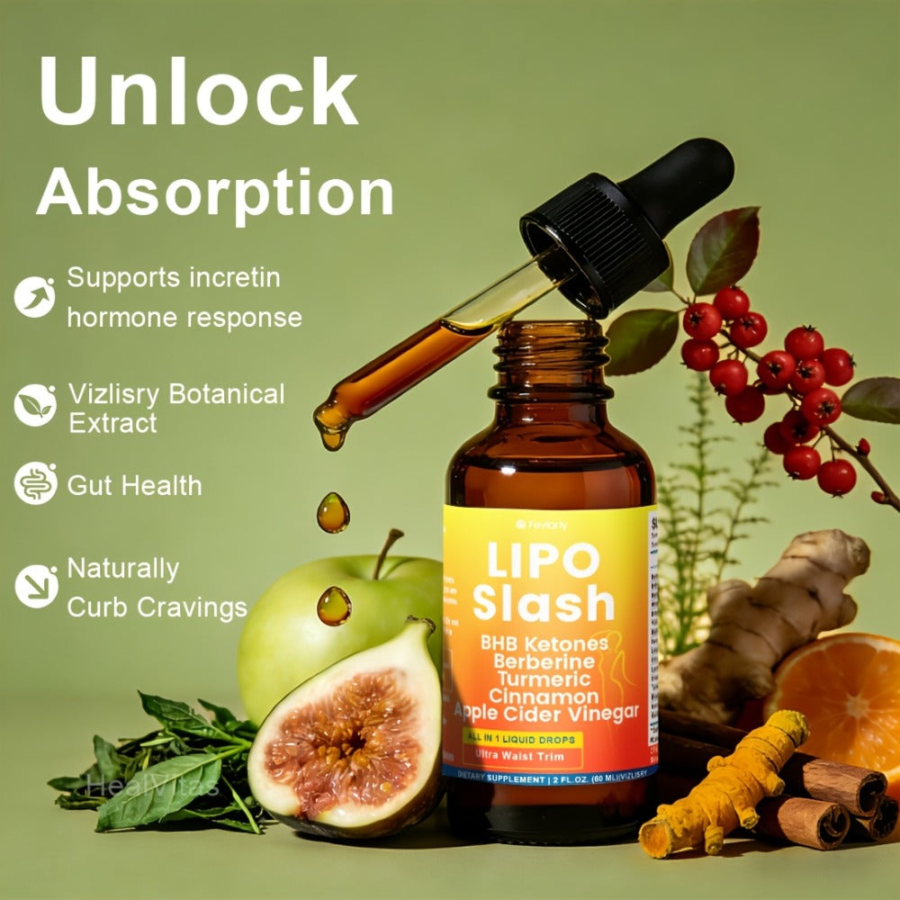 Lipo Slash 16-in-1 Liquid Drops, Natural Weight Goals for Women and Men, Supports Gut Health, Curb Cravings, Hunger Balance, BHB Ketones, Berberine, Turmeric, Cinnamon, Apple Cider Vinegar, Probiotics, Orange Flavor, Activate Level Up