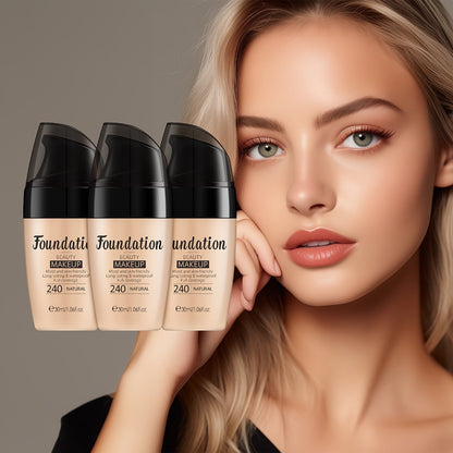 Liquid Foundation Set 3 & 5pcs — Full Coverage Moisturizing Waterproof Foundation 30ml, Long-Wearing Flawless Finish for All Skin Types, Shades: Soft Ivory, Natural, Tan