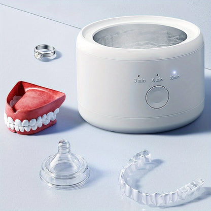 Ultrasonic Denture Cleaner Machine Electric Jewelry Glasses Cleaning Device - One-Touch USB Rechargeable 3 Speeds Auto Timer 180ml Tank Portable
