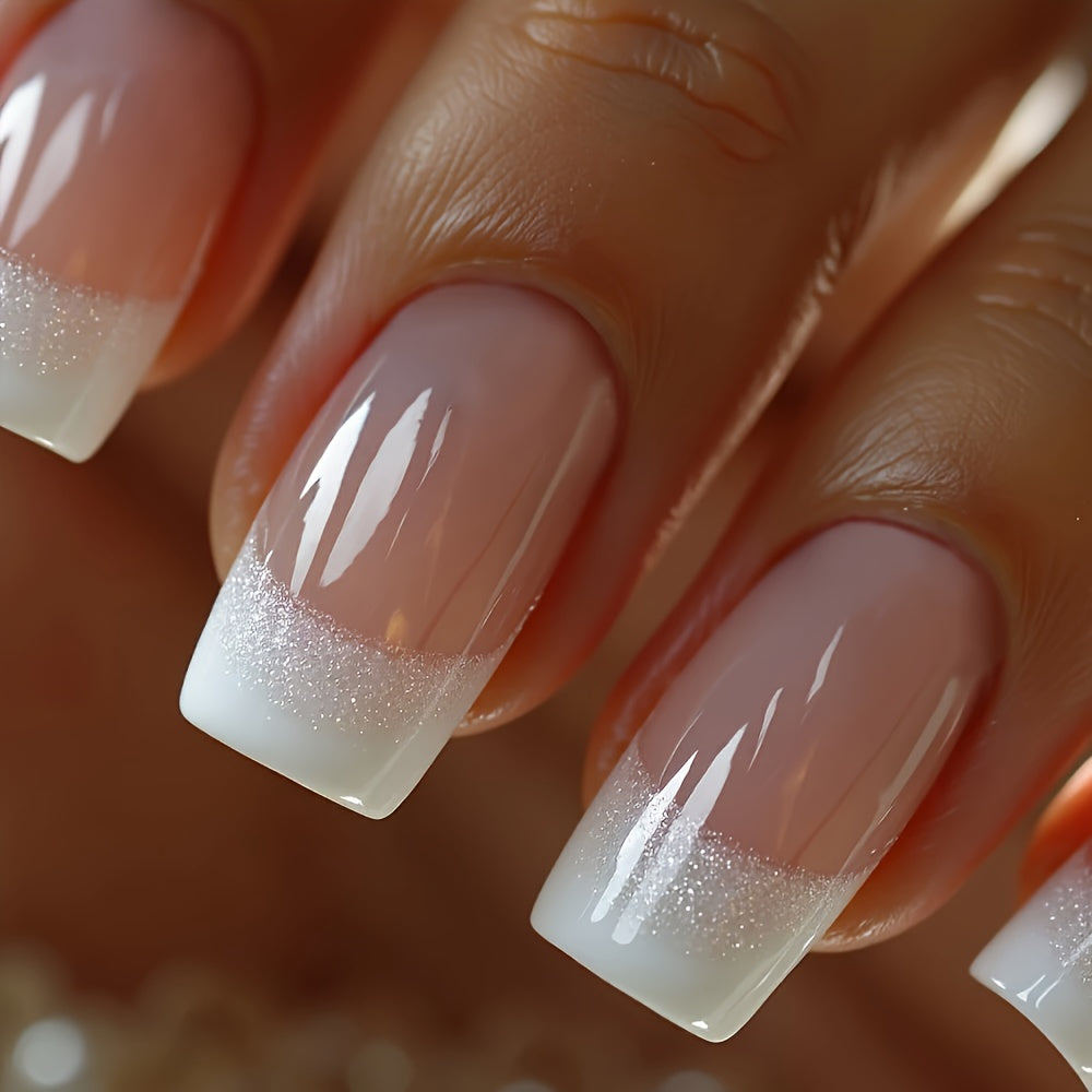 216pcs (9 Boxes) Short Square Summer White French Style Simple Gradient Glitter Heart Soft Gel Press-On Nails Full Cover Fake Nail Set for Women & S