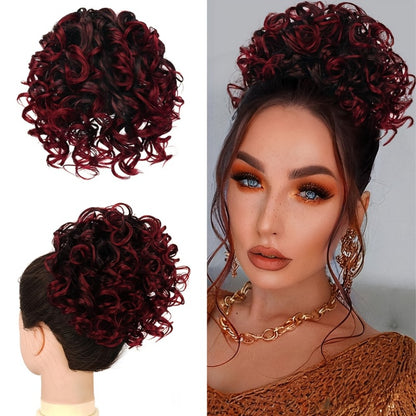 Messy Bun Hair Extension Drawstring Curly Ponytail - 80g Synthetic Loose Bun Piece for Women Thinning Hair Black Brown Burgundy 10 Inch