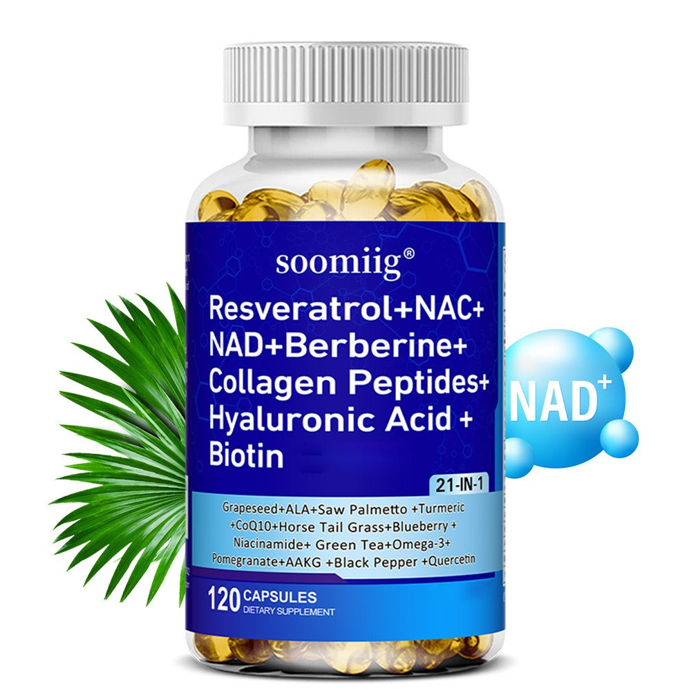 [120 Capsules] Resveratrol + NAC + NAD + Collagen Peptides + Hyaluronic Acid + Thiamine Supplement, Containing Saw Palmetto, Coenzyme Q10, Quercetin, Omega-3 And Black Pepper, Supports Mood, Hair, Nail And Eye Health, 120 Capsules (Optional 1/2/3 Bottles)