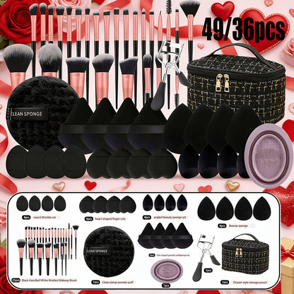 Professional Makeup Brush Set 49Pcs Super Soft Nylon Bristles Concealer Contour Sponge Expandable Box Eyeshadow Powder Highlight Blending Kit Wet Dry Use Black Milky White