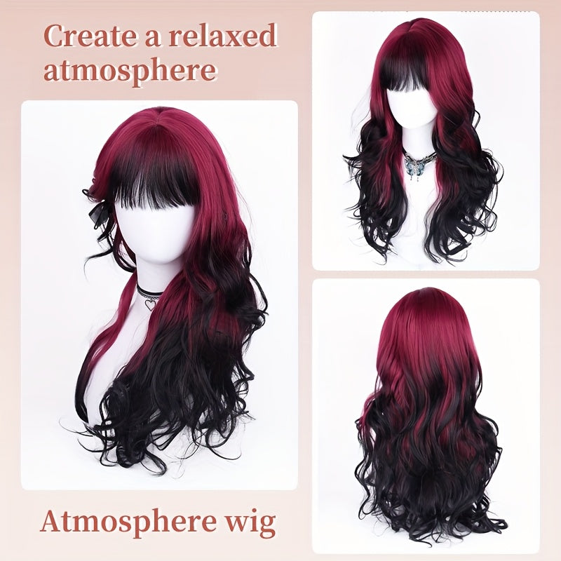 28" Wavy Curly Long Hair Wigs for Women with Glamorous Black And Red Highlights, Perfect for Cosplay And Daily Party Wear