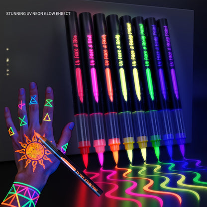 Face Body Paint Pen Set 8 Colors with 105 Tattoo Stencils - Glow in the Dark Neon Face Paint Easy Apply for Party Halloween Festival Stage Body Art