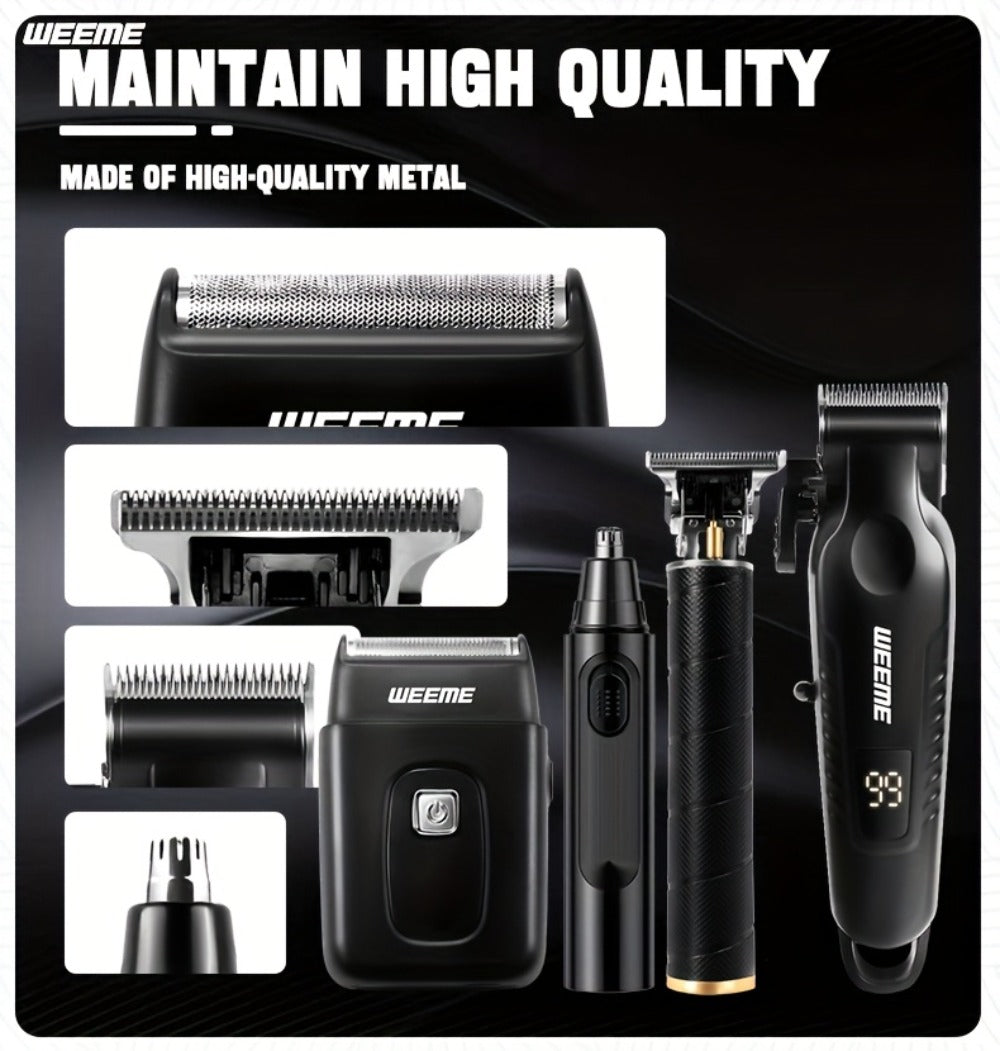 Men's Grooming Kit - USB Rechargeable Hair Clipper, Nose Trimmer, Electric Shaver & Detail Trimmer Set, Zinc Alloy Body, 3500mAh Battery, White Black Gold