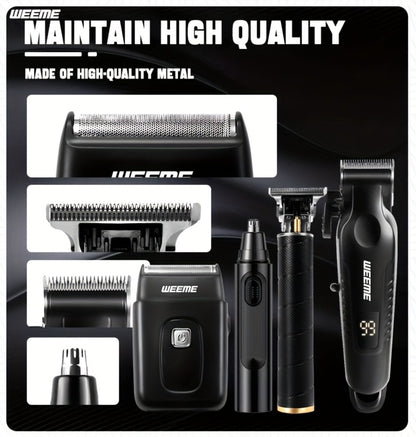 Men's Grooming Kit - USB Rechargeable Hair Clipper, Nose Trimmer, Electric Shaver & Detail Trimmer Set, Zinc Alloy Body, 3500mAh Battery, White Black Gold