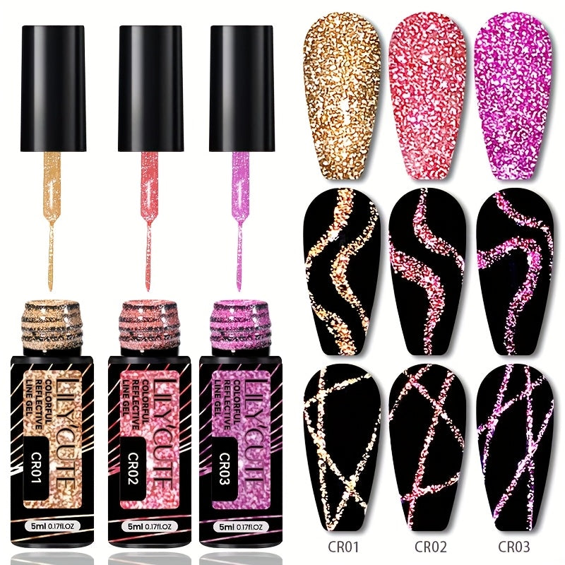 LILYCUTE Reflective Line Gel Nail Polish - Sparkling Glitter Stripe Nail Art Gel for Pull Line Drawing & Graffiti - Ultra-Thin Formula 5ml 3pcs Set