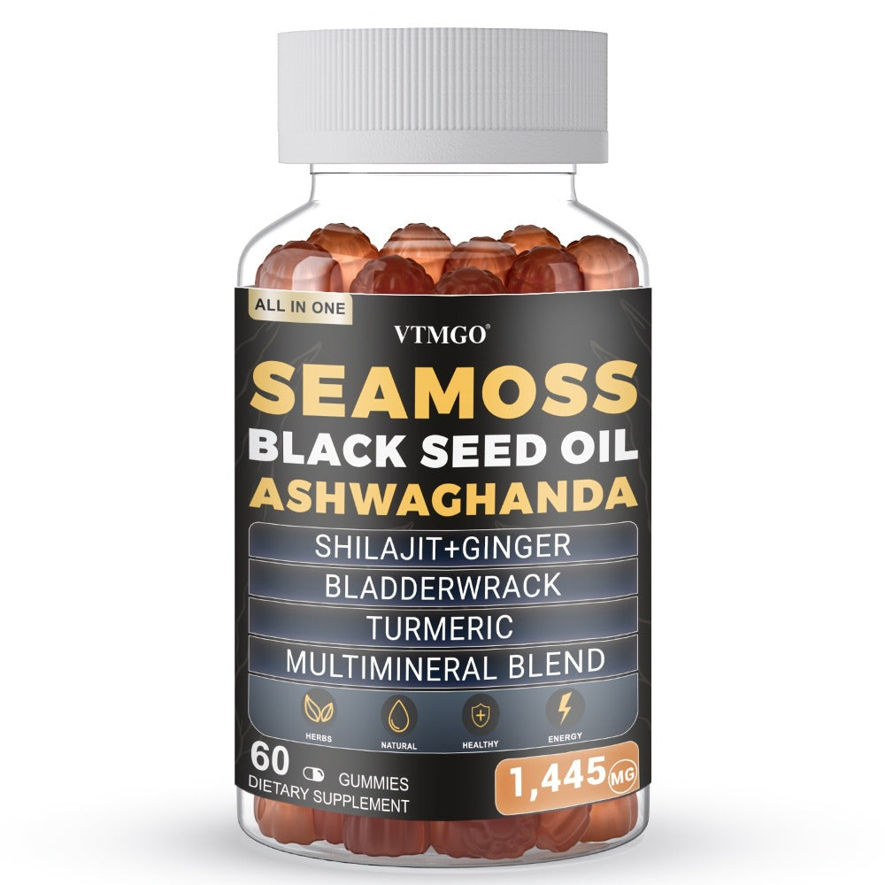 (1/2/3 Bottles)-Sea Moss&Shilajit, Black Seed Oil, Ashwagandha, Ginger, Gummies With Elderberry, Chlorophyll, Turmeric, Bladderwrack 1445Mg, Health, Natural, Antioxidant, Happiness, . 60 Gummies