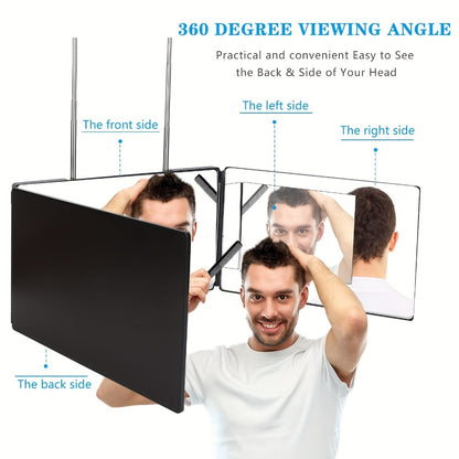 Self Hair Cutting Mirror 360° View 3-Way Anti-Fog HD Glass with 10X Magnifying Mirror - Height Adjustable Door Wall Table Mount DIY Barber Mirror for Home