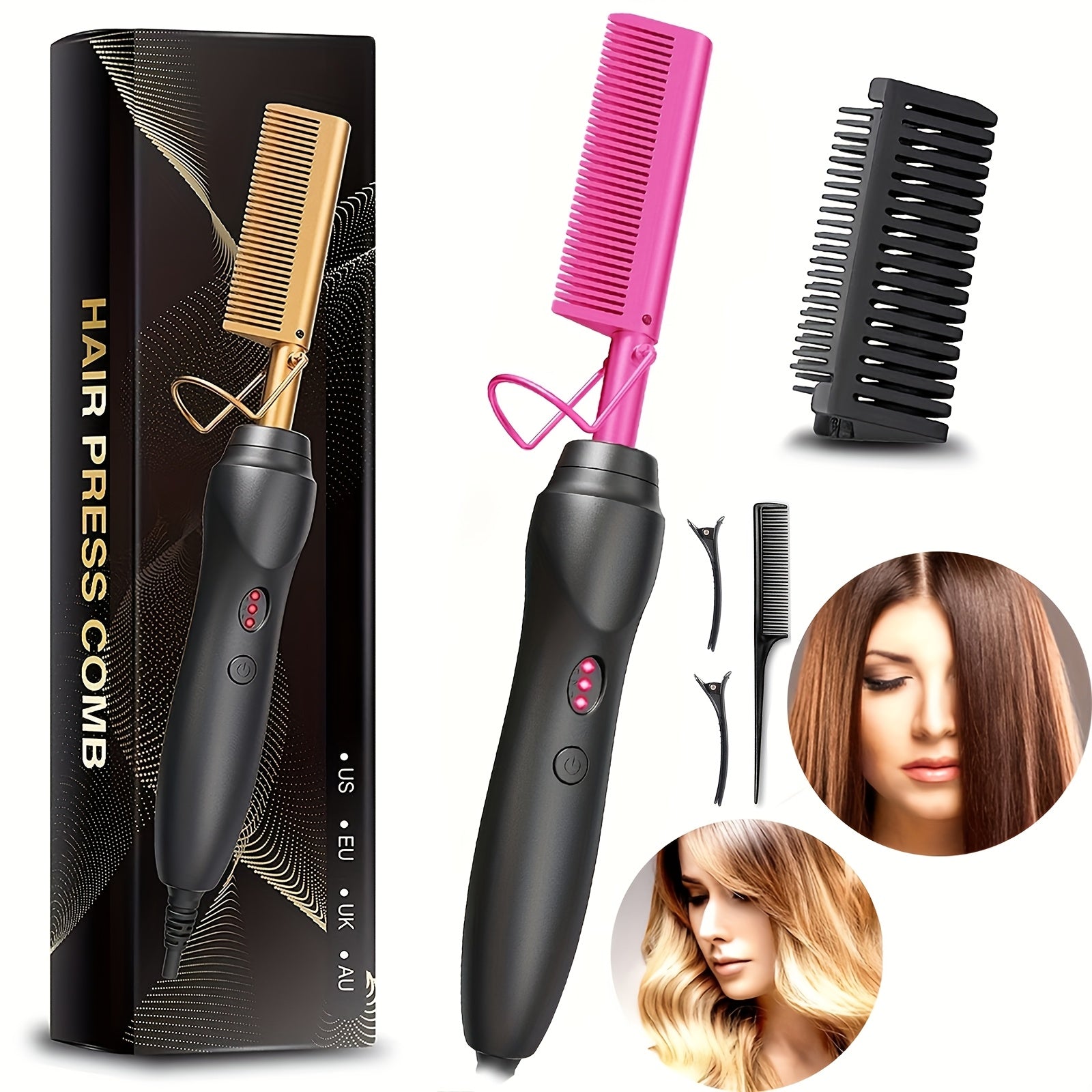 Hot Comb Hair Straightener, Electric Comb, Portable Travel Anti-Burn Beard Straightener Press Comb Ceramic Curler Flat Curler