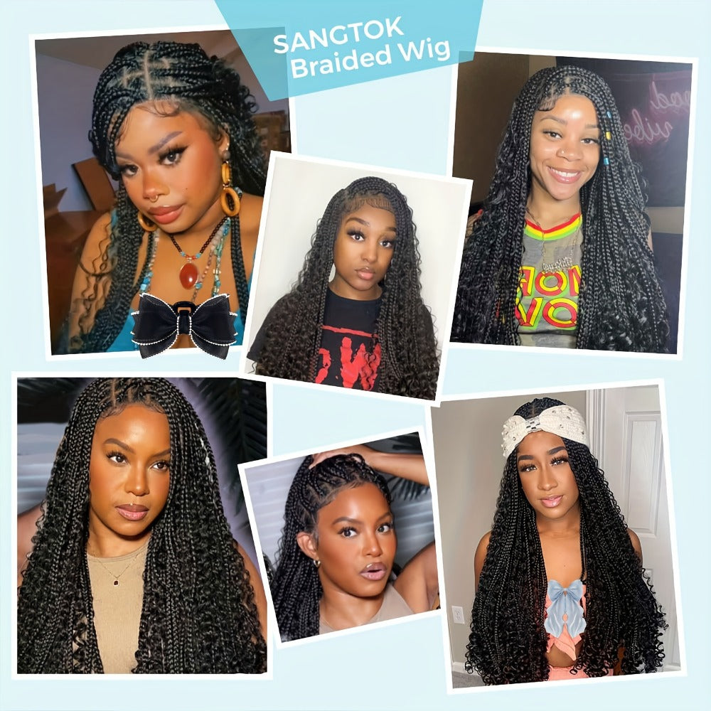 Box Braids Wig for Women Full Lace — 48 Inch Bohemian Braided Wig with Boho Curls, Black Lace Front Braid Wig for Halloween Cosplay Festival Party Protective Style