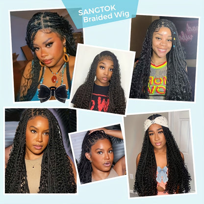 Box Braids Wig for Women Full Lace — 48 Inch Bohemian Braided Wig with Boho Curls, Black Lace Front Braid Wig for Halloween Cosplay Festival Party Protective Style