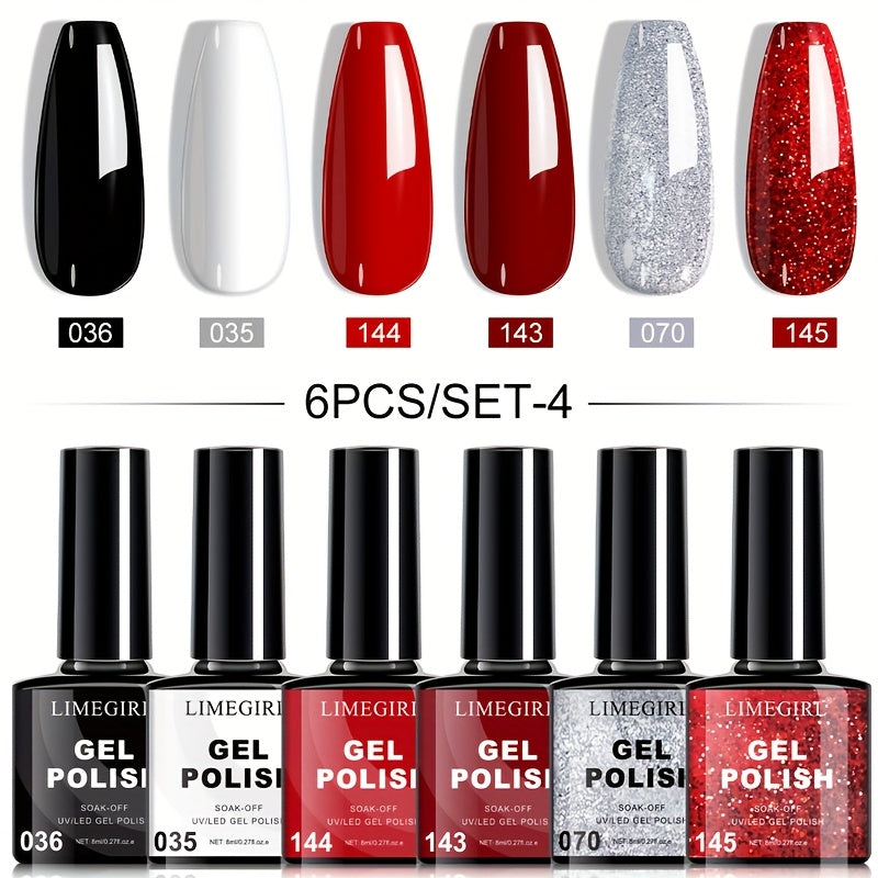 Gel Nail Polish Set 6pcs Hypoallergenic - Fall & Winter Glitter and Solid Colors Soak-Off UV LED Gel, Toxin-Free Long-Lasting Home DIY Nail Art Kit, Gift for Nail Lovers & Christmas