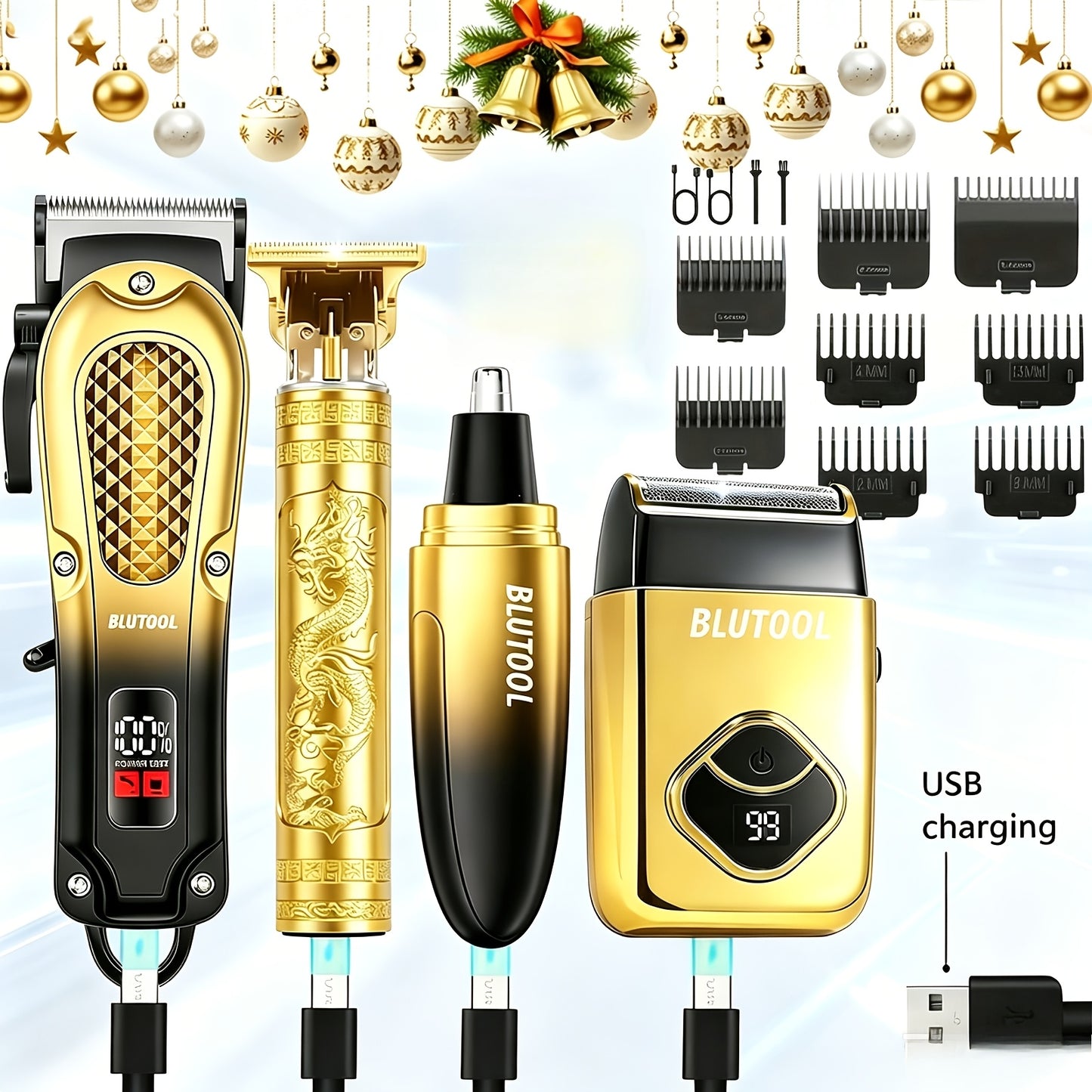 Cordless Hair Clipper Kit for Men - USB Rechargeable Electric Hair Trimmer Set, 2-Piece & 4-Piece Barber Tool for Home & Travel, Black Blue Gold