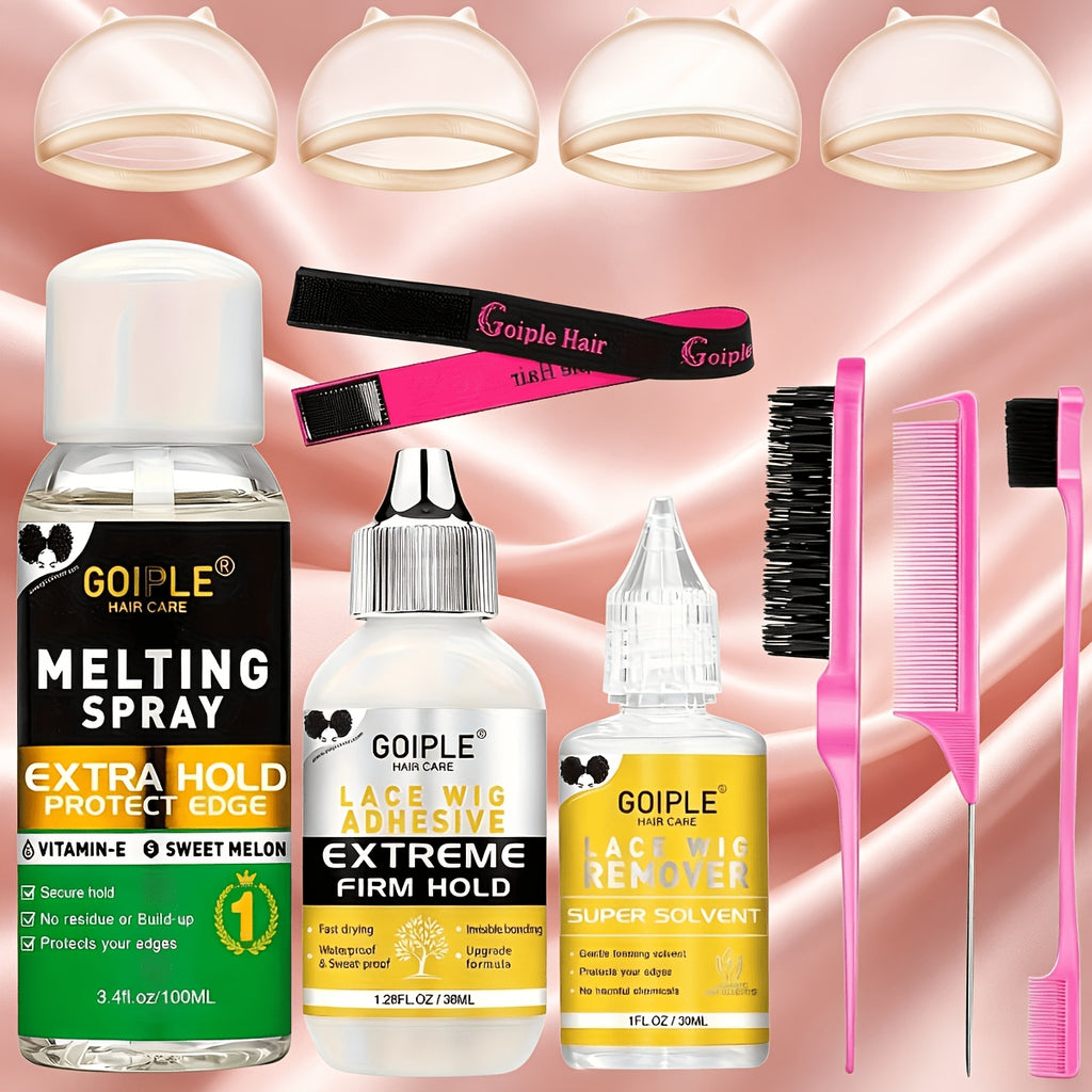 Goiple Wig Styling Kit - Melting Spray, Wig Tool, Lace Wig, And Lace Bonding Kit for Effortless Wig Installation, Lace Glue Kit, Wig Installation Kit, Wig Kit, Wig Supplies, Resistance Bands, Wig Caps, Edge Brush, Hair Comb, Wig Glue, Remover