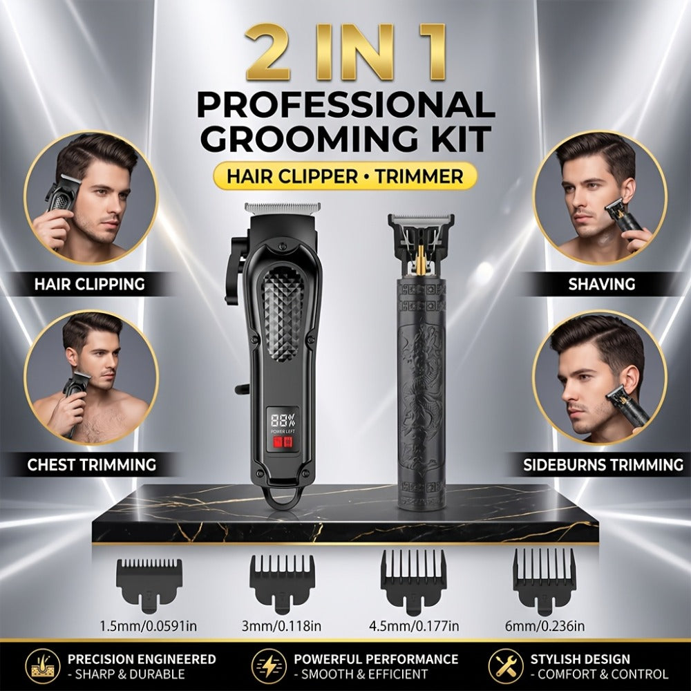 Men's Grooming Set 2pcs - Electric Hair Clipper & Detail Trimmer with USB Charging, LCD Display, Professional Hair Cutting Kit for Men, Ideal Gift for Father, Husband & Boyfriend