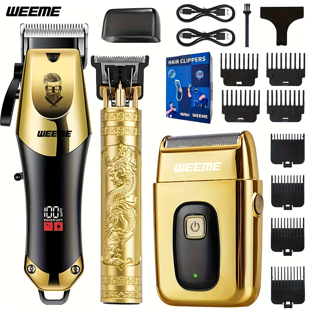 Men's Grooming Kit - USB Rechargeable Hair Clipper, Nose Trimmer, Electric Shaver & Detail Trimmer Set, Zinc Alloy Body, 3500mAh Battery, White Black Gold
