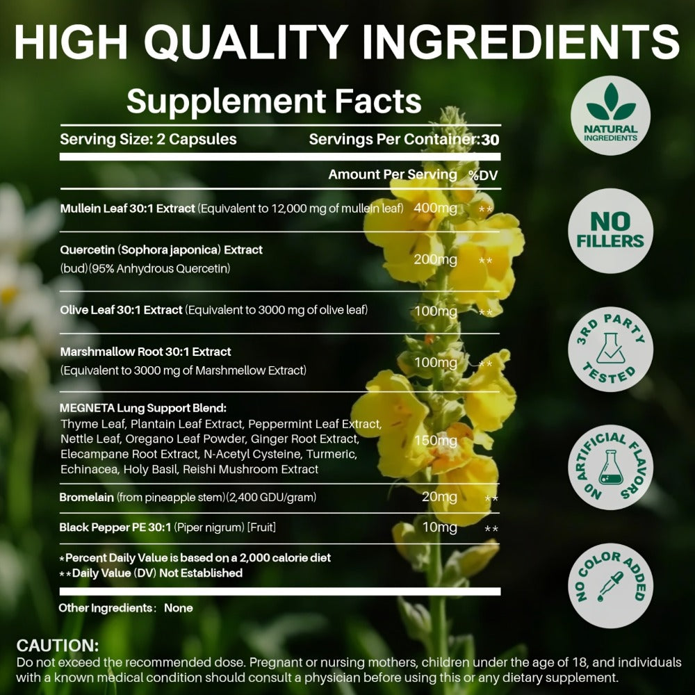 [Lung Health Supplement] Lung Health Supplement With Mullein Leaf, Vitamin C & D3, Selenium, Zinc, Quercetin & Bromelain, Herbal Formula For Respiratory, Breathing & Bronchial Health, 60 Capsules