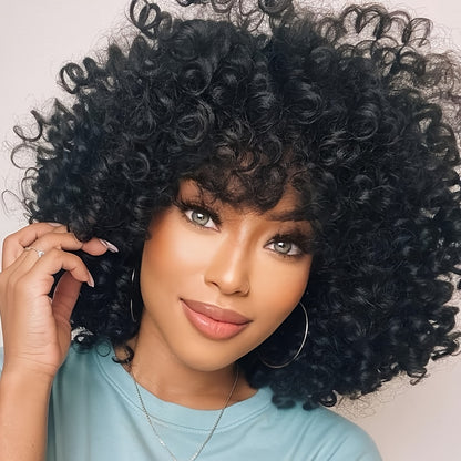 Afro Kinky Curly Wig for Black Women — Short Synthetic Wig with Bangs, 180% High Density, Natural Fluffy Curls, Stretch Cap, Daily Wear & Party, Fits All Head Sizes