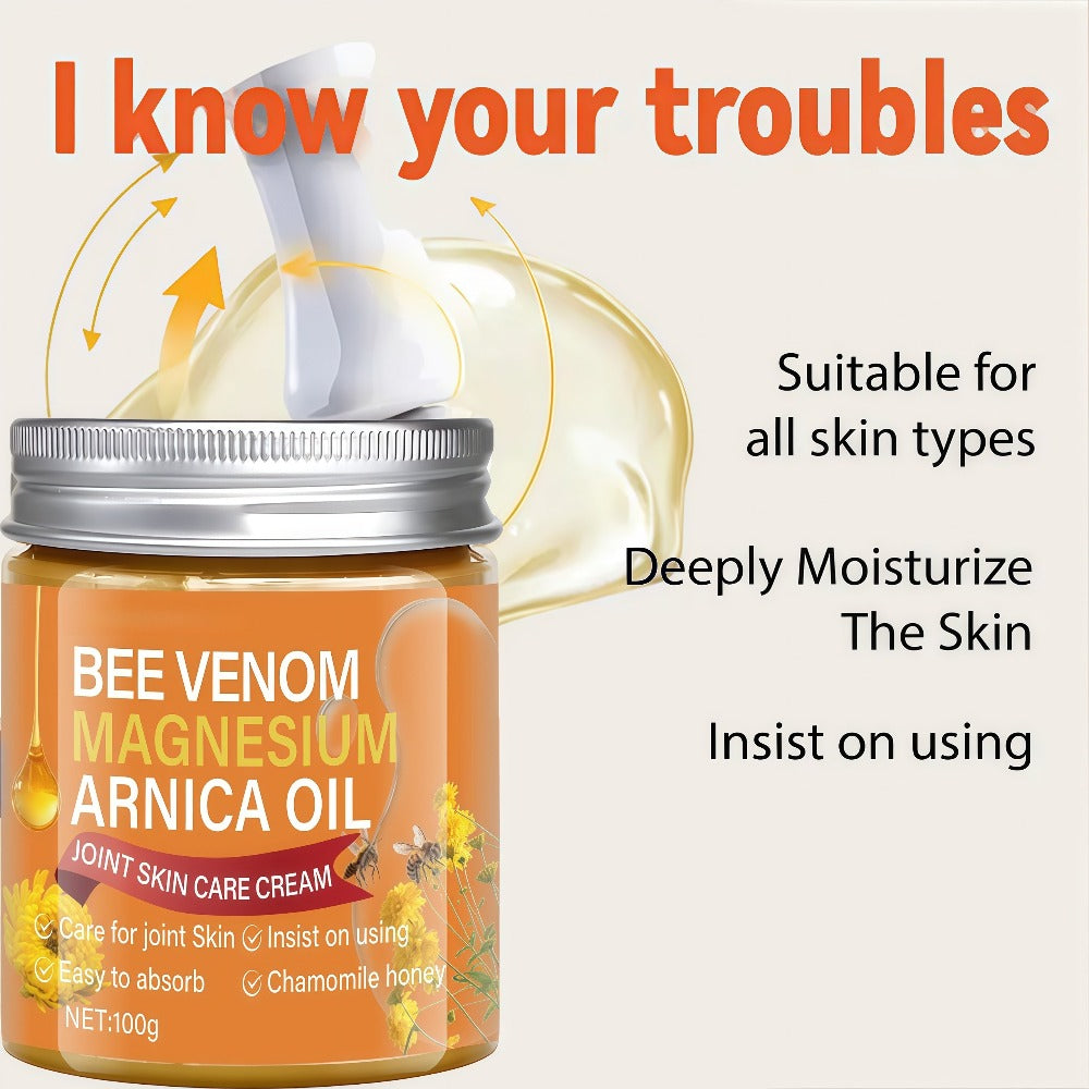 Bee Venom & Magnesium Massage Cream with Camellia Oil | Lightweight Moisturizing & Protective Formula, Body Care, Body-Nourishing Magnesium Cream for Back, Knees, And Elbows, Improves Light Beige Elasticity & Comfort
