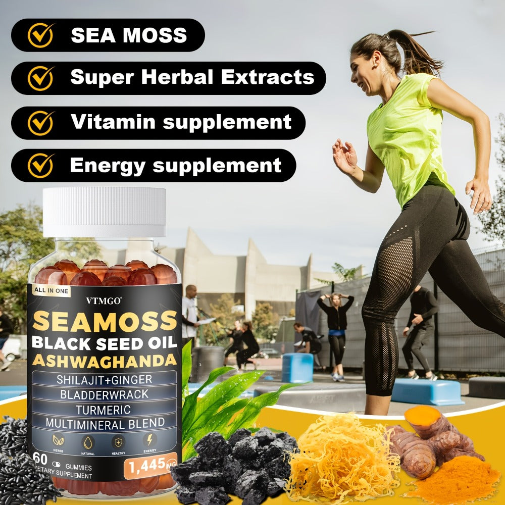 (1/2/3 Bottles)-Sea Moss&Shilajit, Black Seed Oil, Ashwagandha, Ginger, Gummies With Elderberry, Chlorophyll, Turmeric, Bladderwrack 1445Mg, Health, Natural, Antioxidant, Happiness, . 60 Gummies