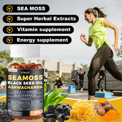 Sea Moss Gummies 1445mg with Shilajit Black Seed Oil Ashwagandha Elderberry Chlorophyll Turmeric Bladderwrack & Ginger | 8-in-1 Antioxidant Superfood Supplement for Immunity Energy & Wellness | 60 Gummies