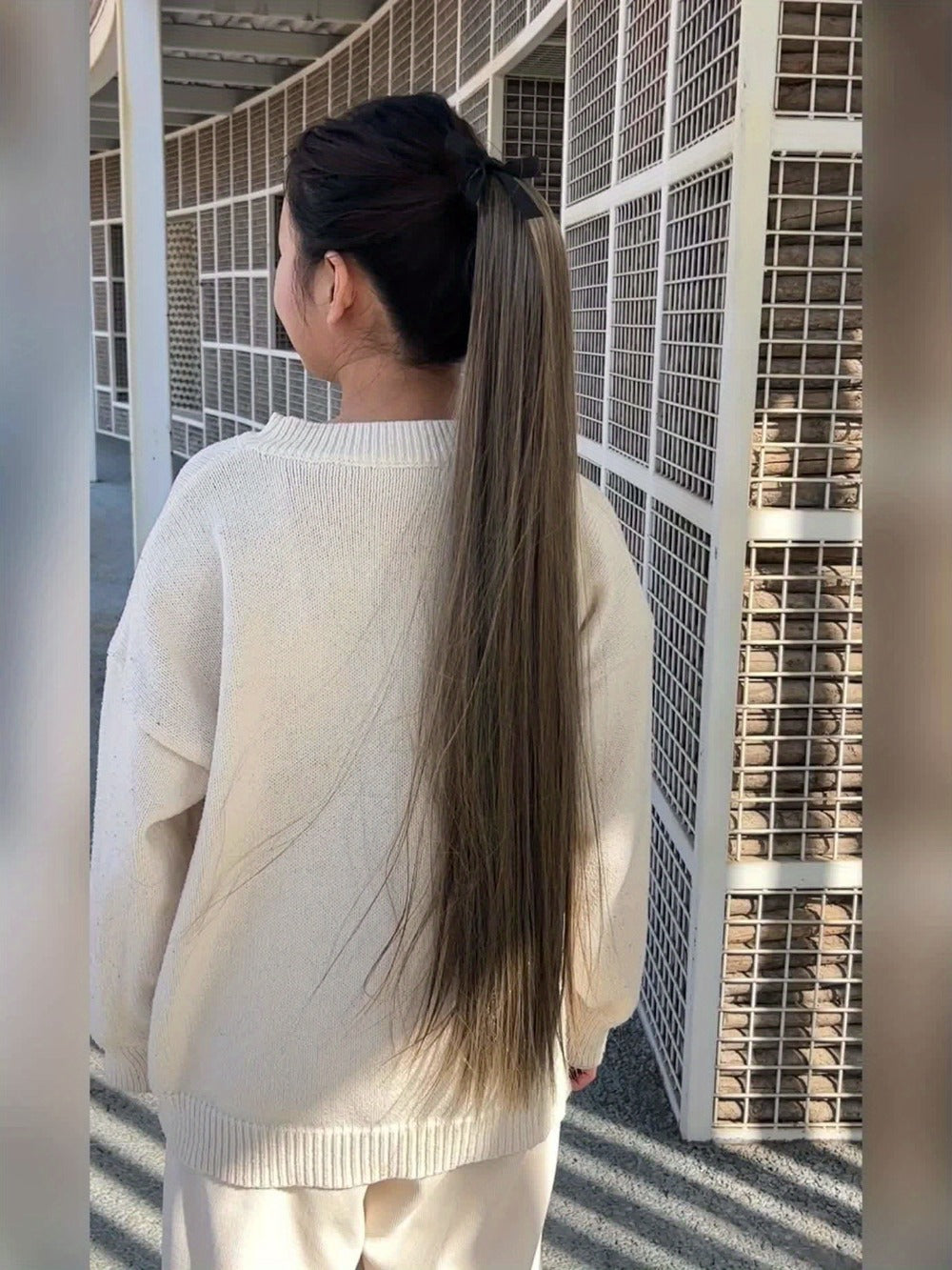 Straight Ponytail Extension 34 Inch - Ribbon Wrap Long Sleek Hairpiece High Temperature Fiber for Women Daily Wear Festive Occasions Mixed Brown Linen Champagne Olive