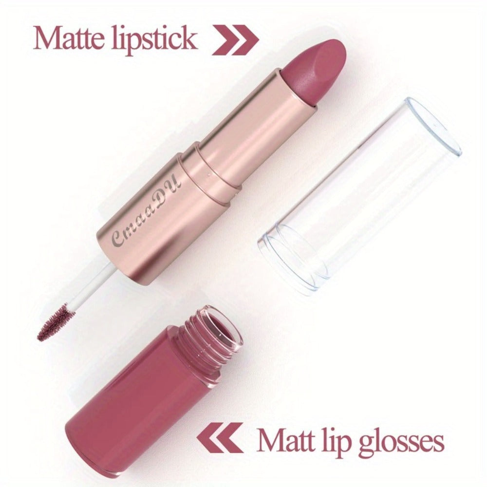 Matte Lipstick Set 4pcs - 2-in-1 Matte Lipstick & Lip Gloss Combo, Long-Lasting Comfortable Wear, Easy to Apply Velvety Lip Color, Perfect Valentine's Day Gift Set for Women