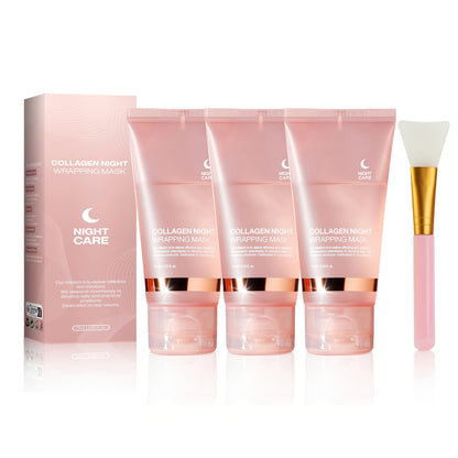 Collagen Night Wrap Mask with Jelly Brush — Alcohol-Free Squalane Gel Overnight Face Mask, Deep Nourishing & Firming for All Skin Types, Glowing Skin, 284g or 3/4pcs