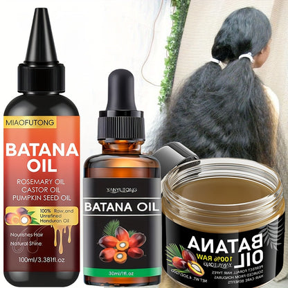Batana Oil Hair Care Set 3PCS - Honduras Pure Cold-Pressed Batana Hair Oil, Cream & Essential Oil for Dry Hair, Scalp Moisturizer, Anti-Breakage, Split End Repair, All Hair Textures