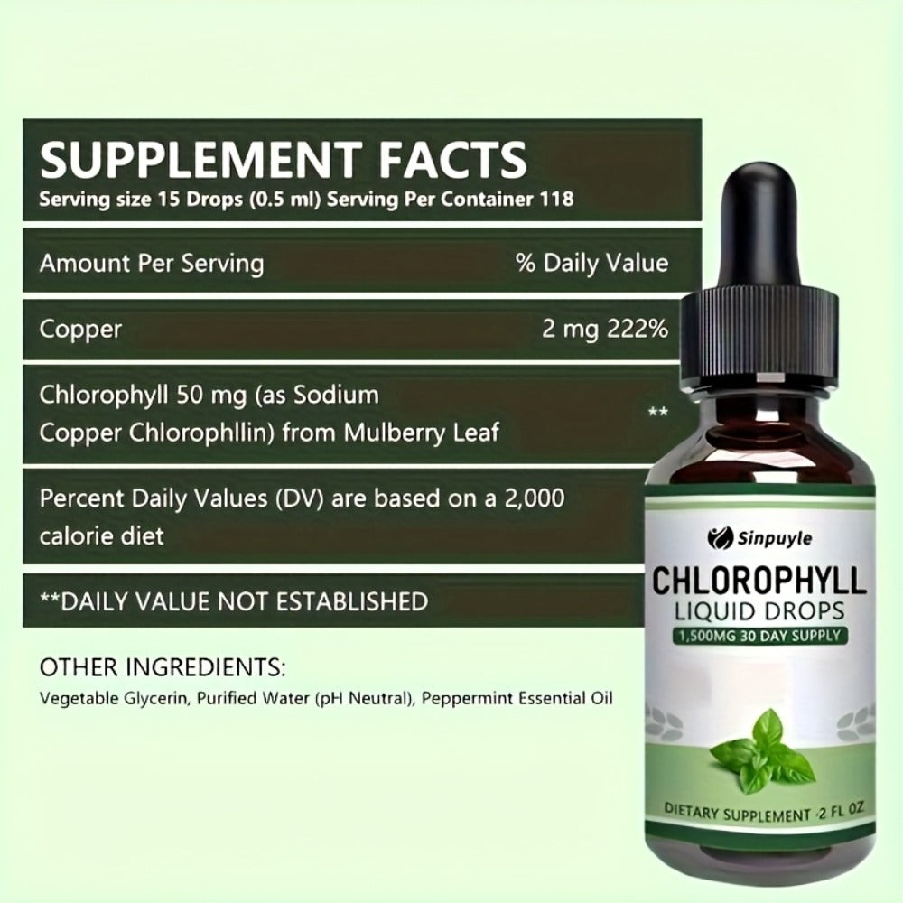 Chlorophyll Liquid Drops - Immune Support, Internal Deodorizer & Skin Health Supplement, 4 Month Supply, Natural Mint Flavor