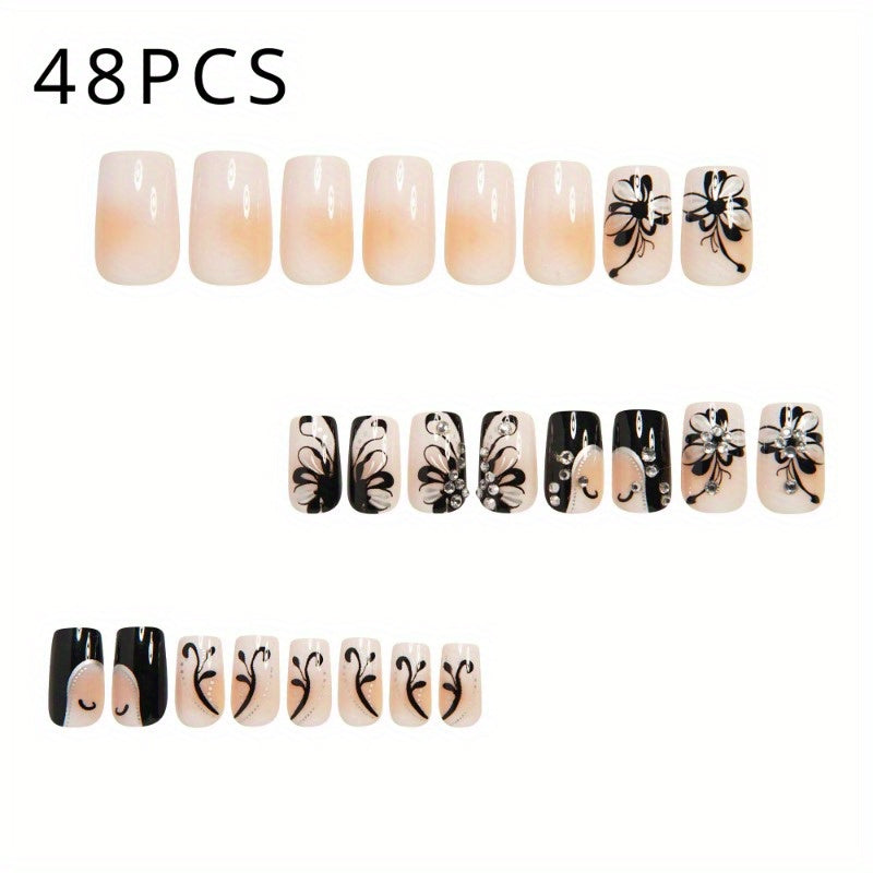 48pcs Black and White Suit Fake Nails Square French and Butterfly Pattern Full Coverage Fake Nails Fake Nails Detachable Nail Suit Is an Excellent Choice for Ladies and Valentine's Day Thanksgiving Holiday Party Gifts.