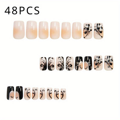 Press On Nails 48 Pieces - Black and White Square Matte Fake Nails | French Tip Butterfly Pattern Full Cover Detachable False Nails for Women, Valentine's Day Thanksgiving Holiday Party Gift Set