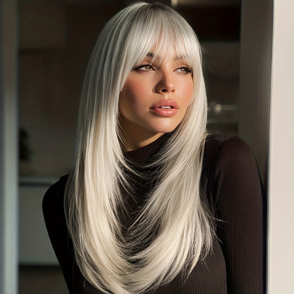 Synthetic Wig Platinum Blonde Layered Long Straight - Gradient Color Chemical Fiber Wig for Women Daily Party Festival Cosplay 20 Inch
