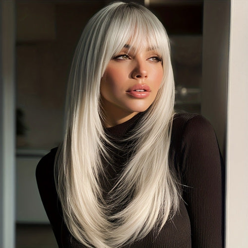 Synthetic Wig Platinum Blonde Layered Long Straight - Gradient Color Chemical Fiber Wig for Women Daily Party Festival Cosplay 20 Inch