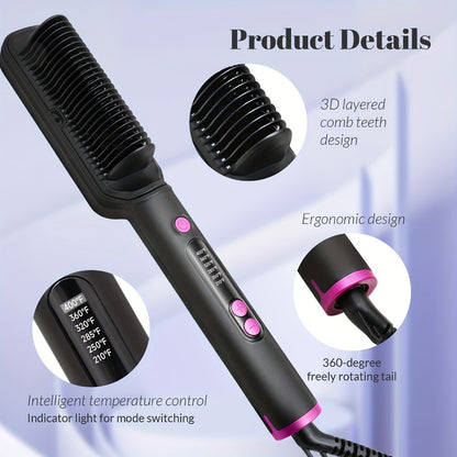 Ionic Hair Straightener Brush 6 Temperature Settings Flat Iron for Women – Anti-Scald, Fast Heat-Up, Precise Temp Control, Home & Salon Straightening Comb