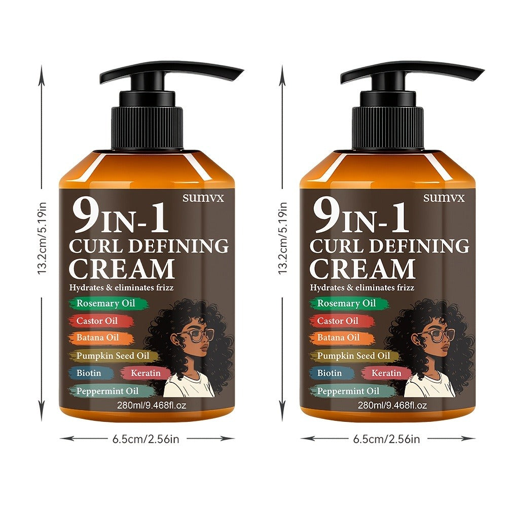 Curl Defining Cream 9-in-1 Moisturizing Curl Styling Cream — Long-Lasting Hold, Frizz Control, Non-Greasy, for Wavy, Curly & Normal Hair, Unisex, 9.468 fl oz × 2 Pack