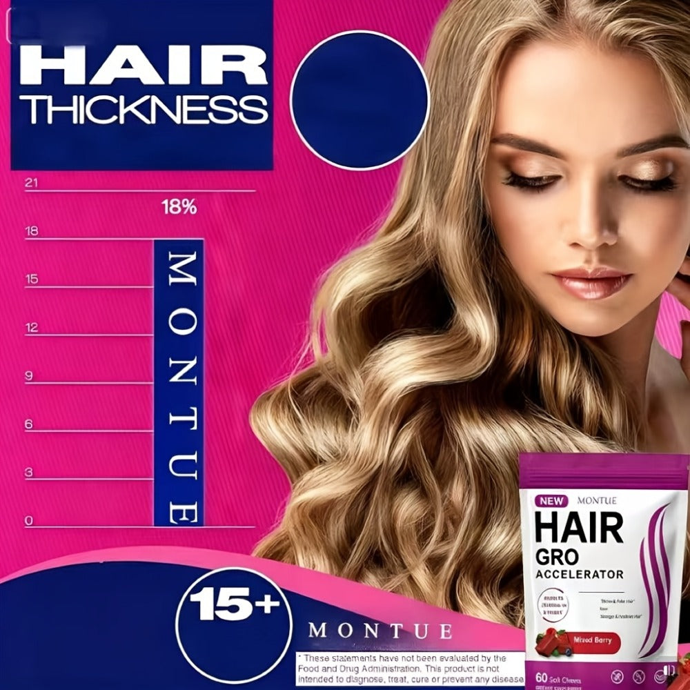 [Hair Gummies 60 Chews] MONTUE Biotin Hair Gummies for Hair Care, Daily Hair Nourishment Supplement with Arginine, Vitamin C & Vitamin E, Mixed Berry Flavor, 60 Soft Chews