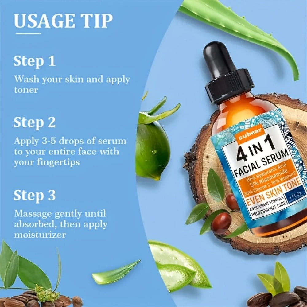 4-In-1 Hyaluronic Acid, Niacinamide, Vitamin C, Vitamin E Facial Serum, Moisturizing, Nourishing Skin, Suitable for All Skin Types 30Ml/1.05Oz (4pcs)