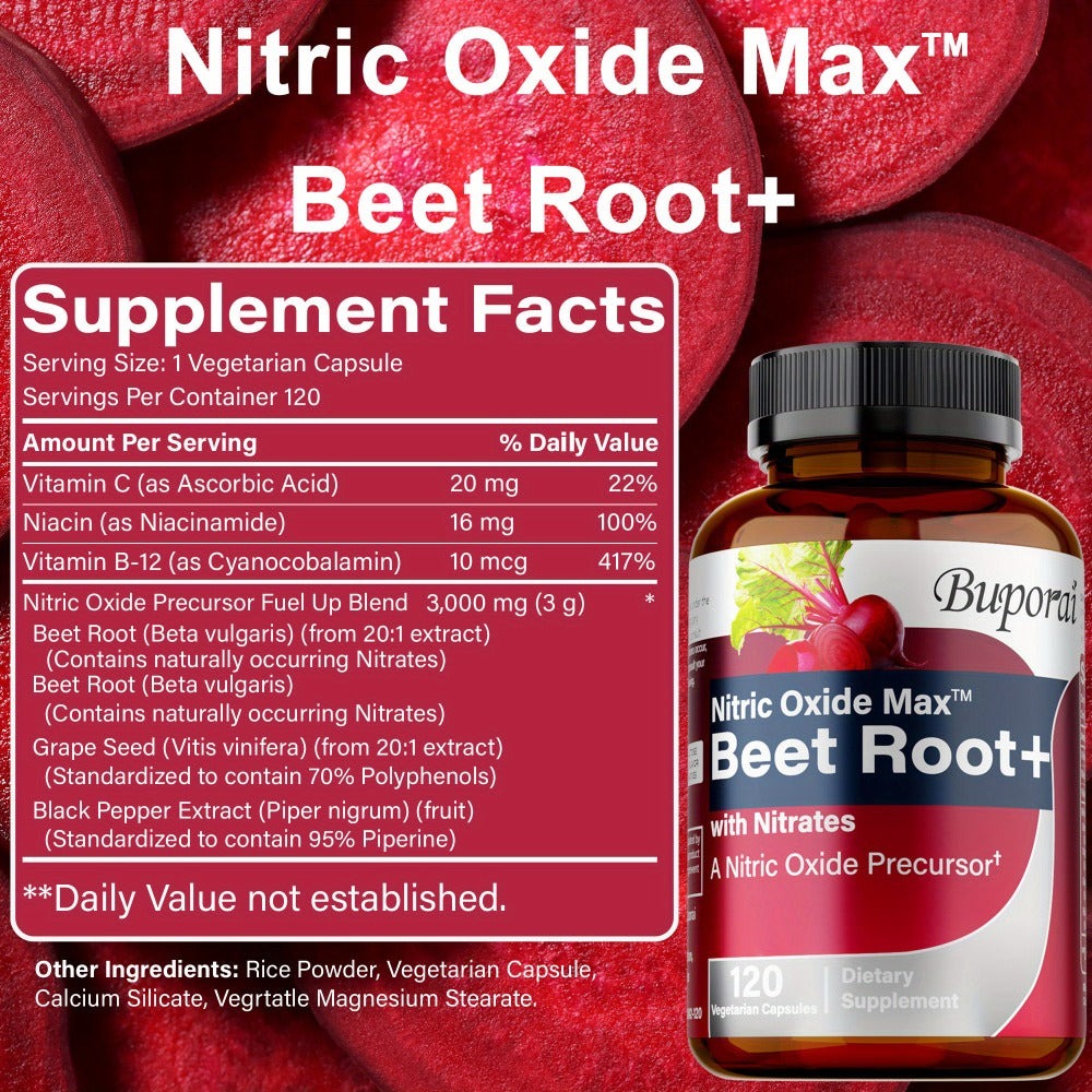 Nitric Oxide Beet Root - with Nitrates, Beet Root Powder, Black Pepper, Blood Pressure and Heart Health, Supports Nitric Oxide Production, Antioxidants - 120pcs