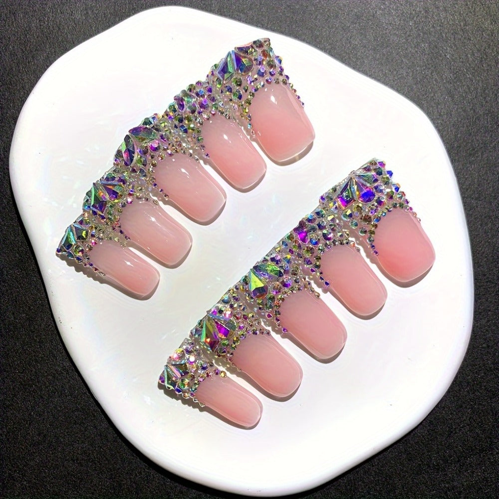 10pcs 1.18inch Long French AB Diamond Shiny Duckbill Nude Color Versatile Pure Handmade Wearable Nails Press-On Artificial Nails Suitable for Back-To-School Season, Parties, Dates, Weddings