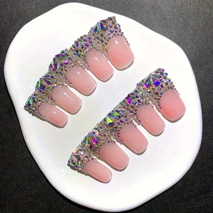 Nail Tips Press On Duckbill French AB Diamond Shiny – Nude Color Long Handmade Wearable Nails | 10pcs Set with Tools for School, Party, Date & Wedding, S/M/L