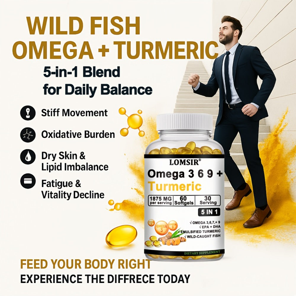 LOMSIR Omega 3-6-9 + Turmeric Softgels (DHA & EPA) - Wild Fish Oil Blend, Emulsified Turmeric, 60 Softgels, Daily Balance, Easy-to-Take