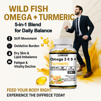 Omega 3-6-9 & Turmeric Softgels with DHA & EPA – Wild Fish Oil Blend, Emulsified Turmeric for Heart, Brain & Joint Health | 60 Softgels | ShopVora UK