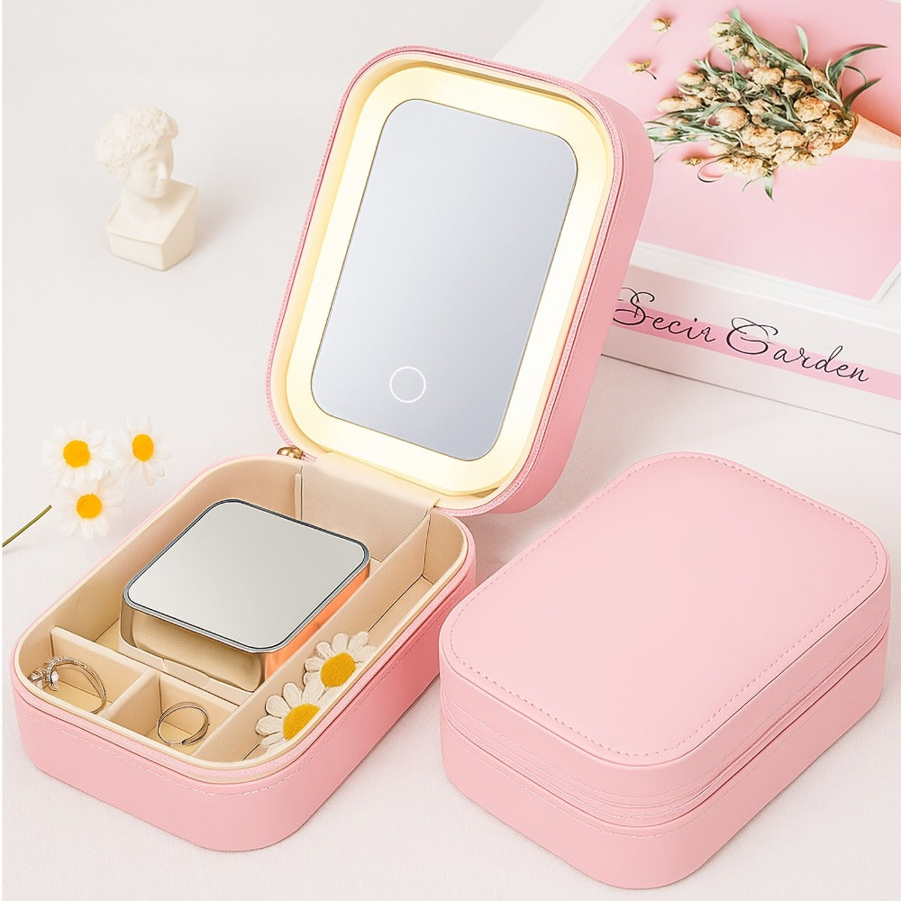 Lighted Makeup Mirror with Travel Case Cosmetic Bag Organizer - Adjustable 3-Color LED Light 1200mAh Rechargeable Portable Vanity Mirror for Women Gift