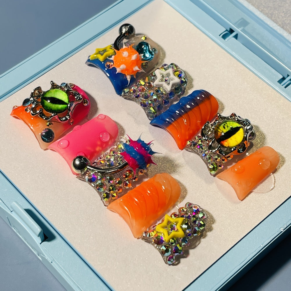 Y2K Piercing Charm Press on Nails Handmade Duck Nail with Nightmare Eye And Barbell 3D Nail Charms, Rhinestone Nails For, Trendy Party Nail Art