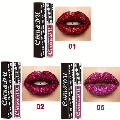 Shimmer Lip Gloss Set 3pcs Skull Design Long Lasting Liquid Lipstick Easy to Remove - Shiny Glitter Lip Color for Music Festival Rave Party Gift for Women