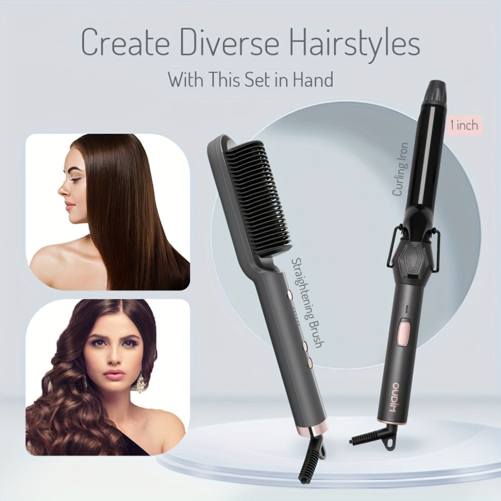 Straightening Comb And Curling Iron Set, Hair Curler, Hair Straightening Brush Flat Iron for Women, Anti-Scald, Quick, Precise Temperature Control, Auto Shuts Off, Suitable for Home, Office And Travel, Gifts for Birthday, Wow Hair Products