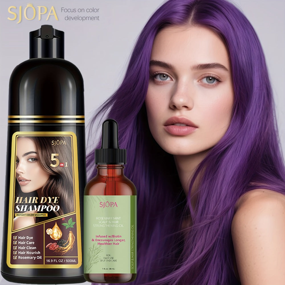 Hair Coloring Shampoo with Rosemary Hair Oil Gift Set — 5-in-1 Color & Care Formula, Moisturizing Glycerin, Gentle Non-Irritating, 16.91 oz Shampoo + Rosemary Oil, 12 Shades Available